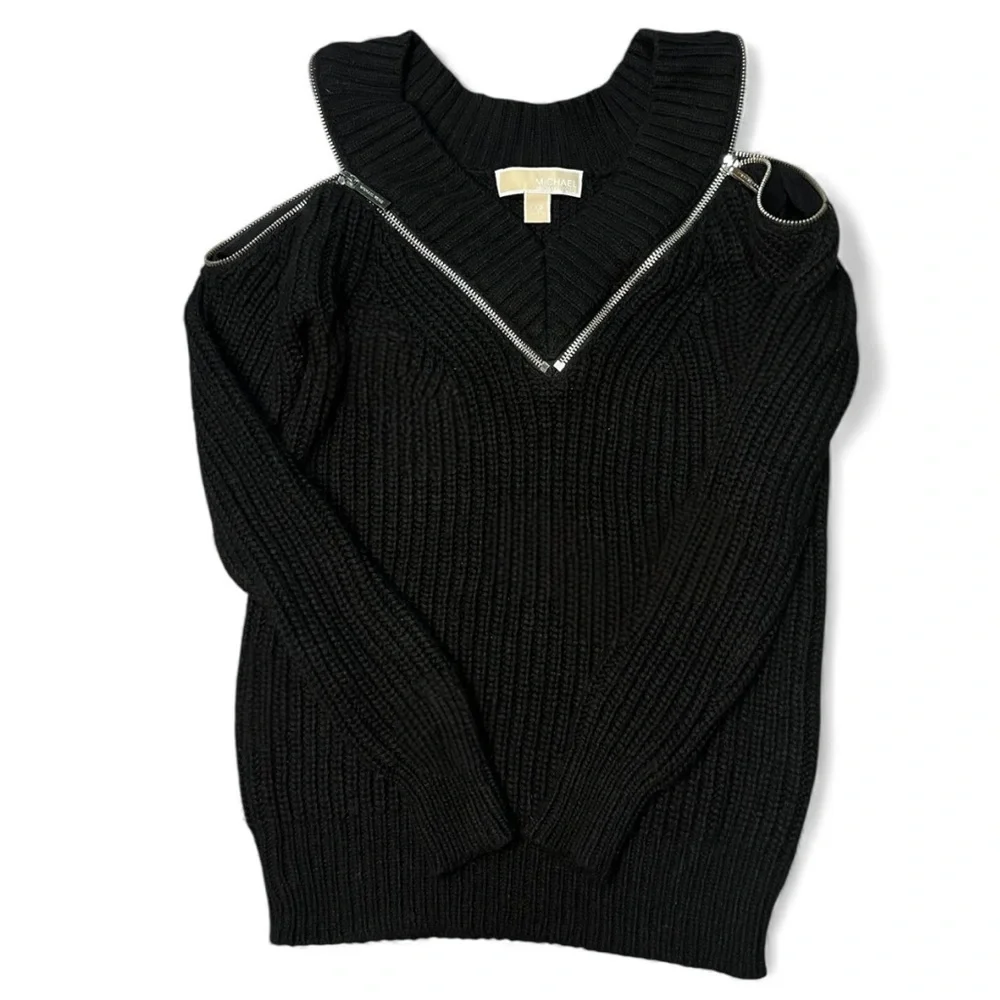 Michael Kors Black Chunky Knit Zip Cold Shoulder Sweater